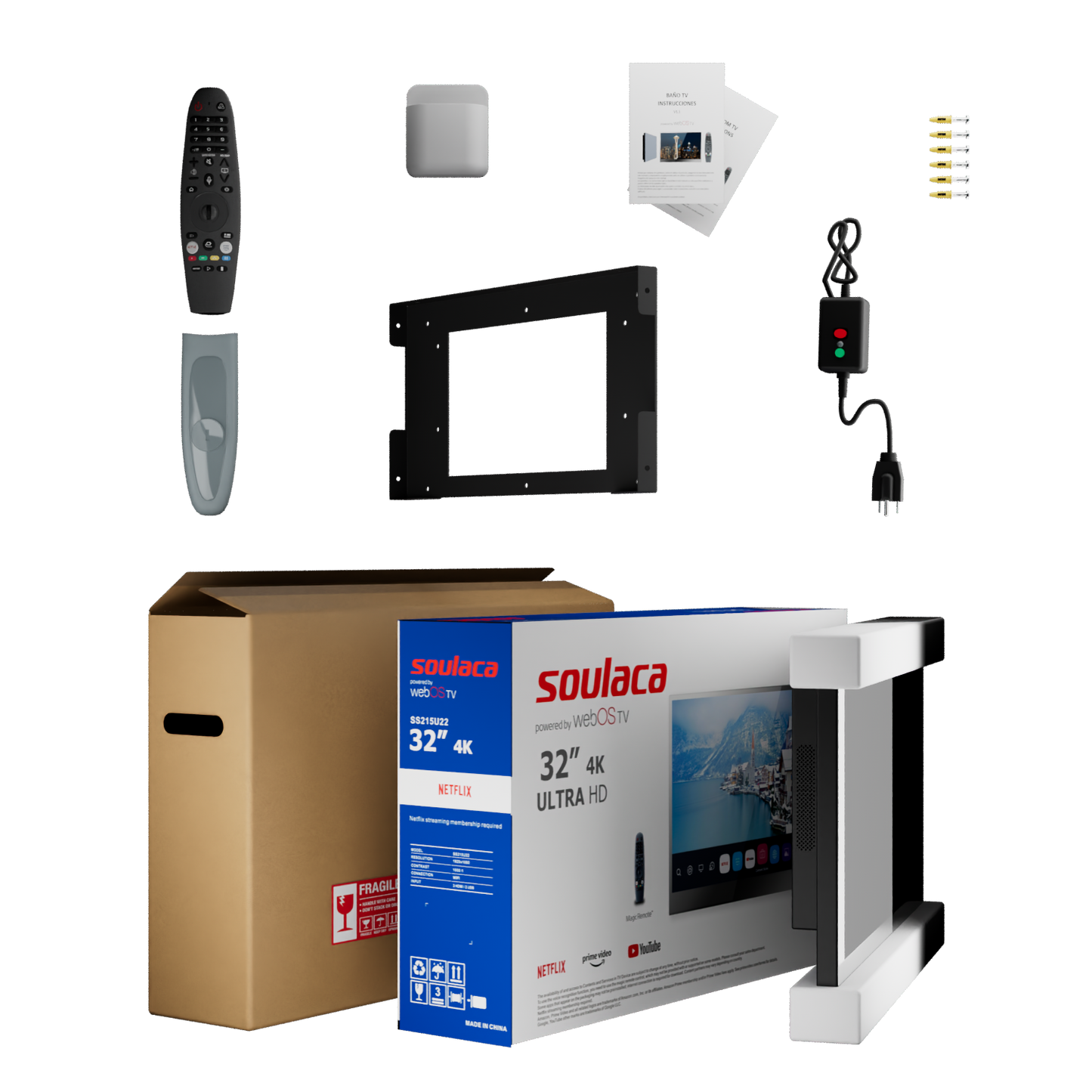 Soulaca 32 inches Mirror TV webOS Voice Control DTV System Waterproof Bathroom 4K Television Hotel