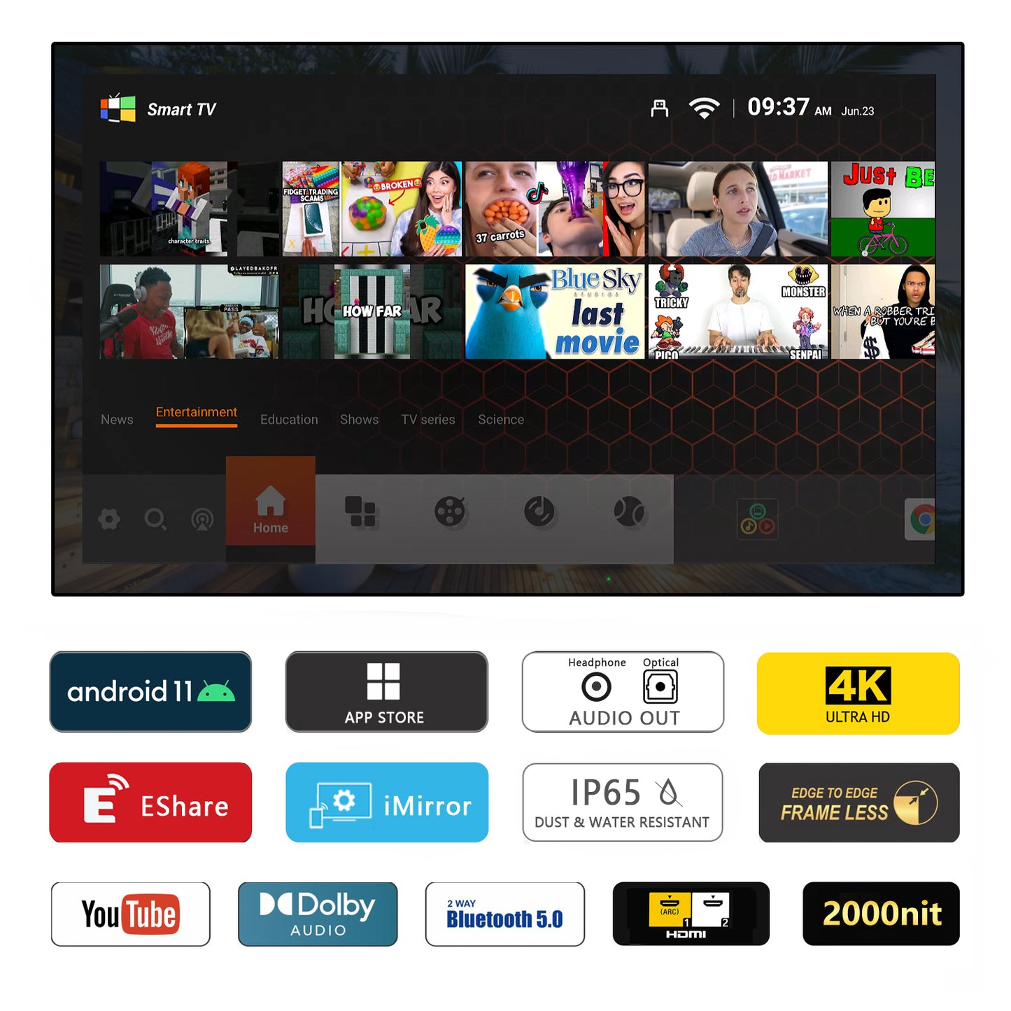 Soulaca 55 inches Waterproof Smart Android Outdoor TV 2000nits 4K Weatherproof Garden TV