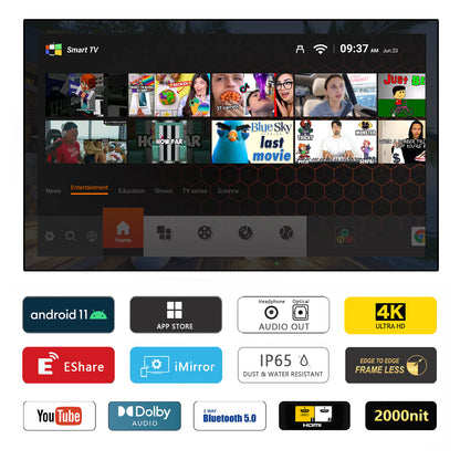 Soulaca 55 inches Waterproof Smart Android Outdoor TV 2000nits 4K Weatherproof Garden TV