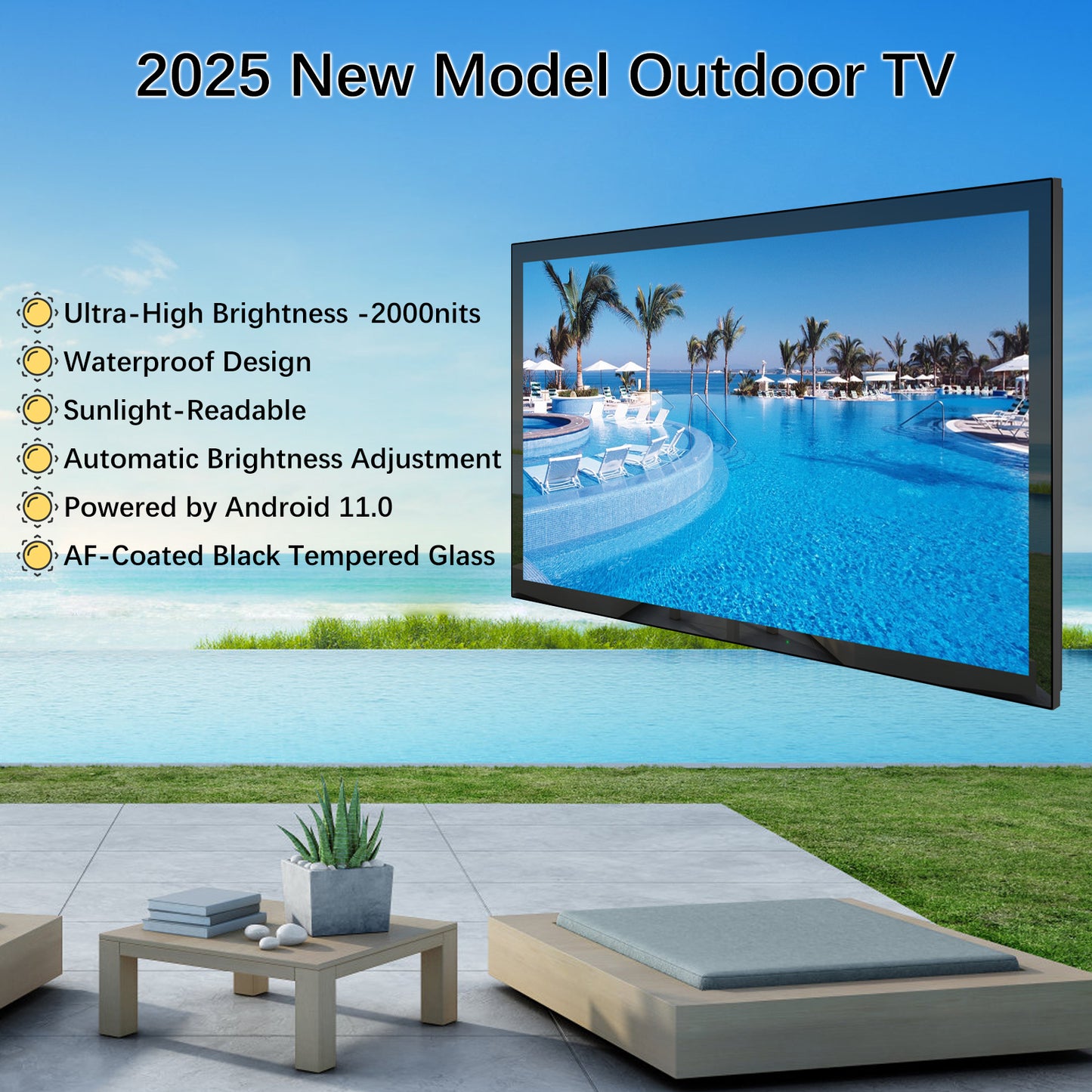 Soulaca 55 inches Waterproof Smart Android Outdoor TV 2000nits 4K Weatherproof Garden TV