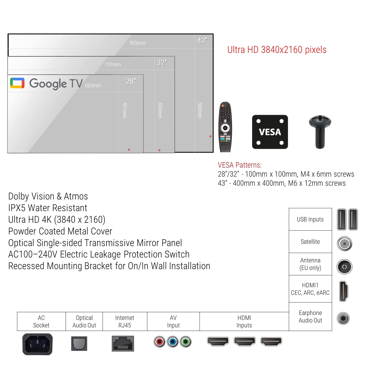 Soulaca 28 inch Google Mirror LED TV for Bathroom Waterproof 4K Television Shower Use